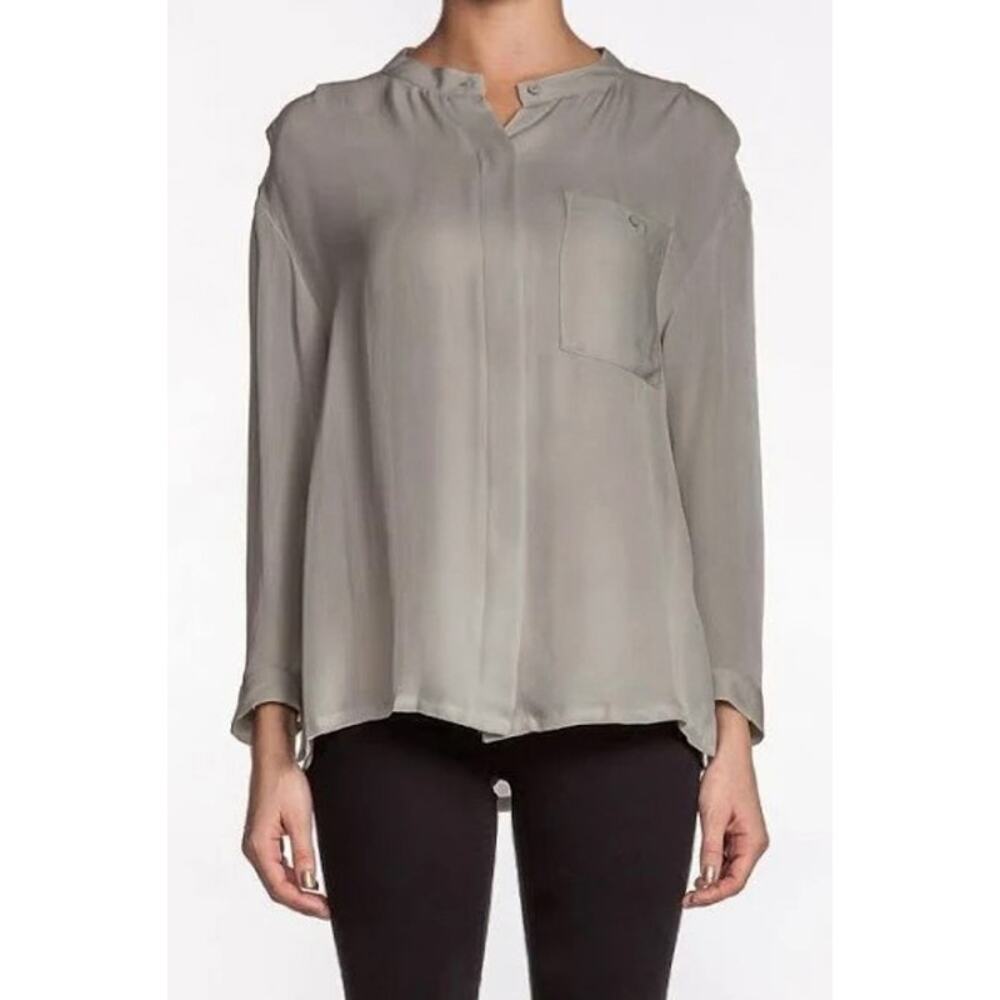 NSF Gray Silk Mandarin Collar Button Up Roll Tab Sleeves Top Small